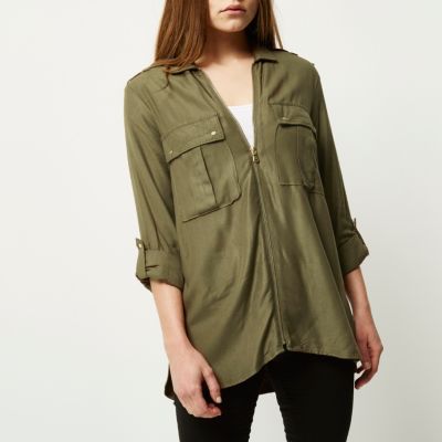 Khaki military zip-up shirt